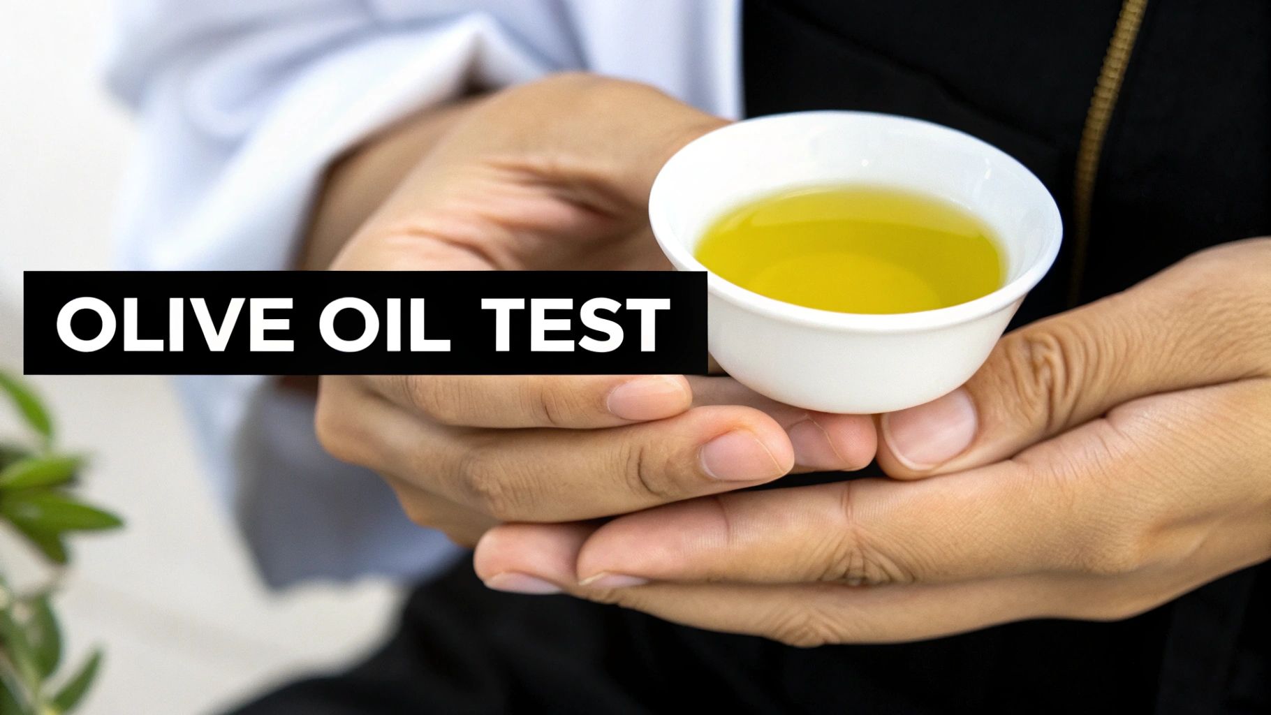 A person in a white shirt holds a small cup of golden olive oil with a 'OLIVE OIL TEST' banner.