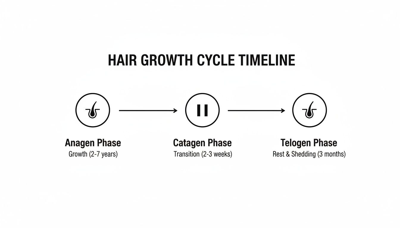 Timeline illustrating the hair growth cycle with anagen, catagen, and telogen phases and their durations.