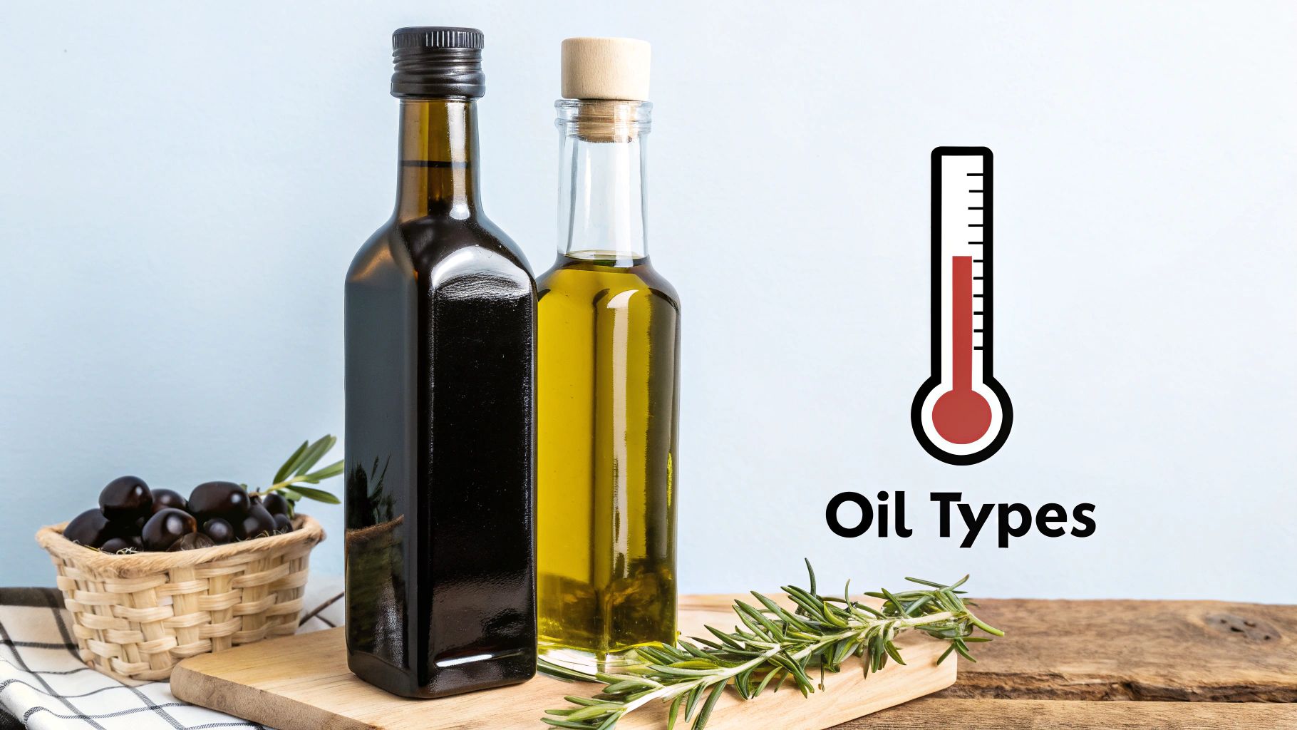 A bottle of olive oil next to bottles of other cooking oils and a stick of butter.