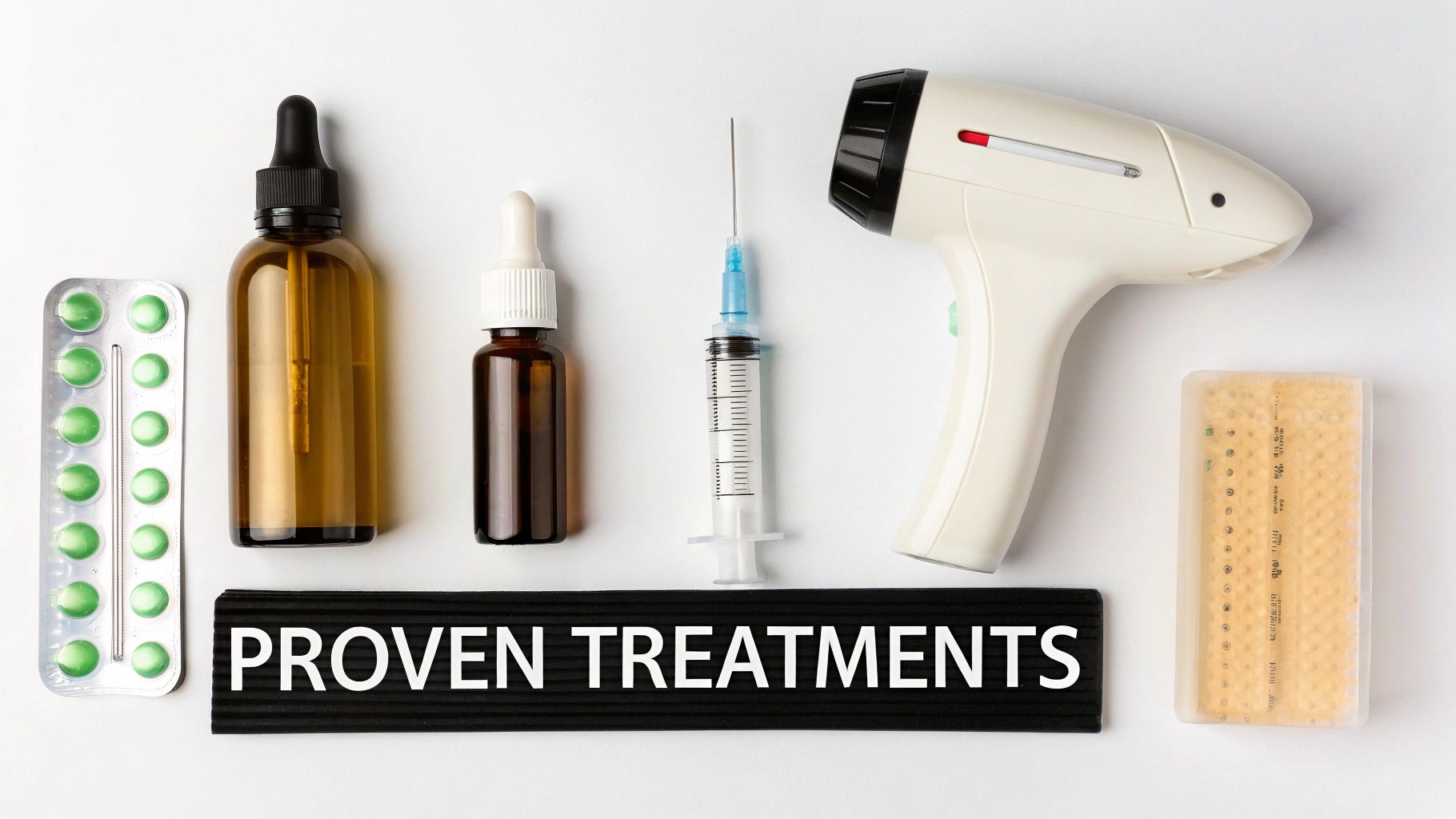 A flat lay of various medical items, including pills, dropper bottles, a syringe, and a therapy device, with 'PROVEN TREATMENTS' text.