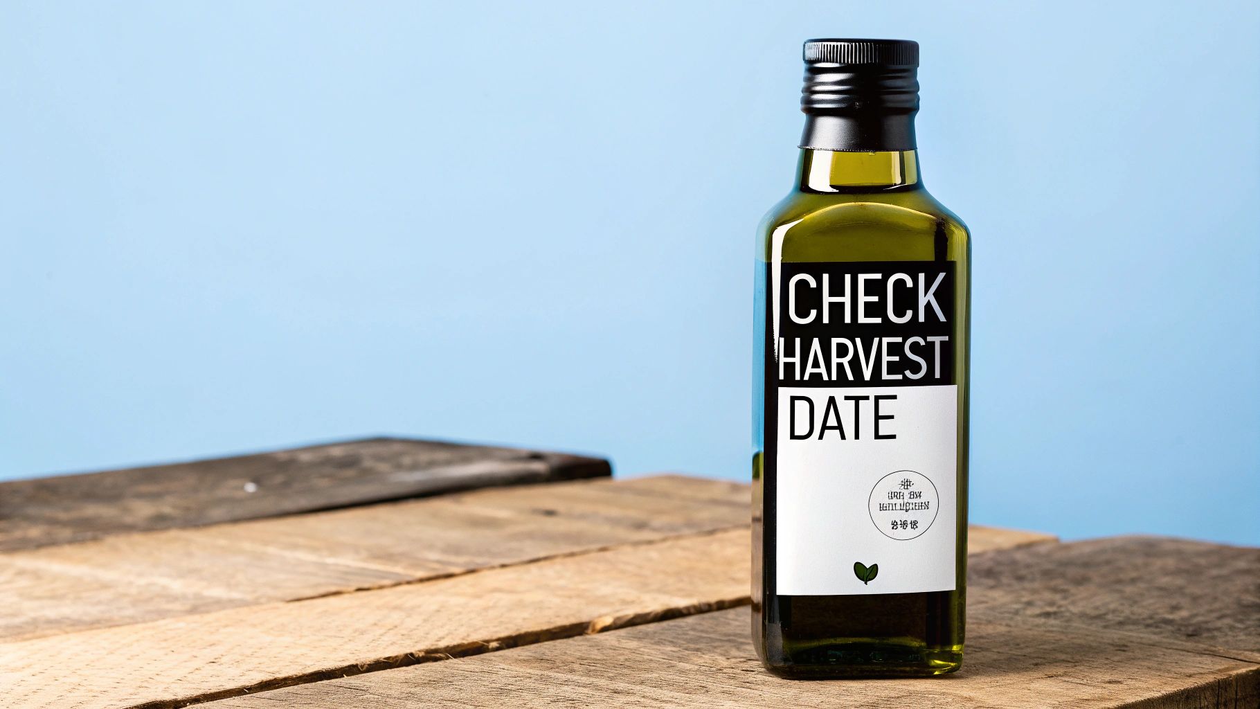 A close-up of an olive oil bottle with a 'CHECK HARVEST DATE' label on a wooden table.
