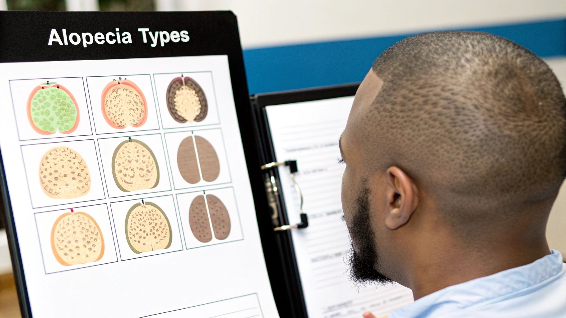 A close-up view of a scalp showing signs of hair thinning and inflammation associated with scarring alopecia.