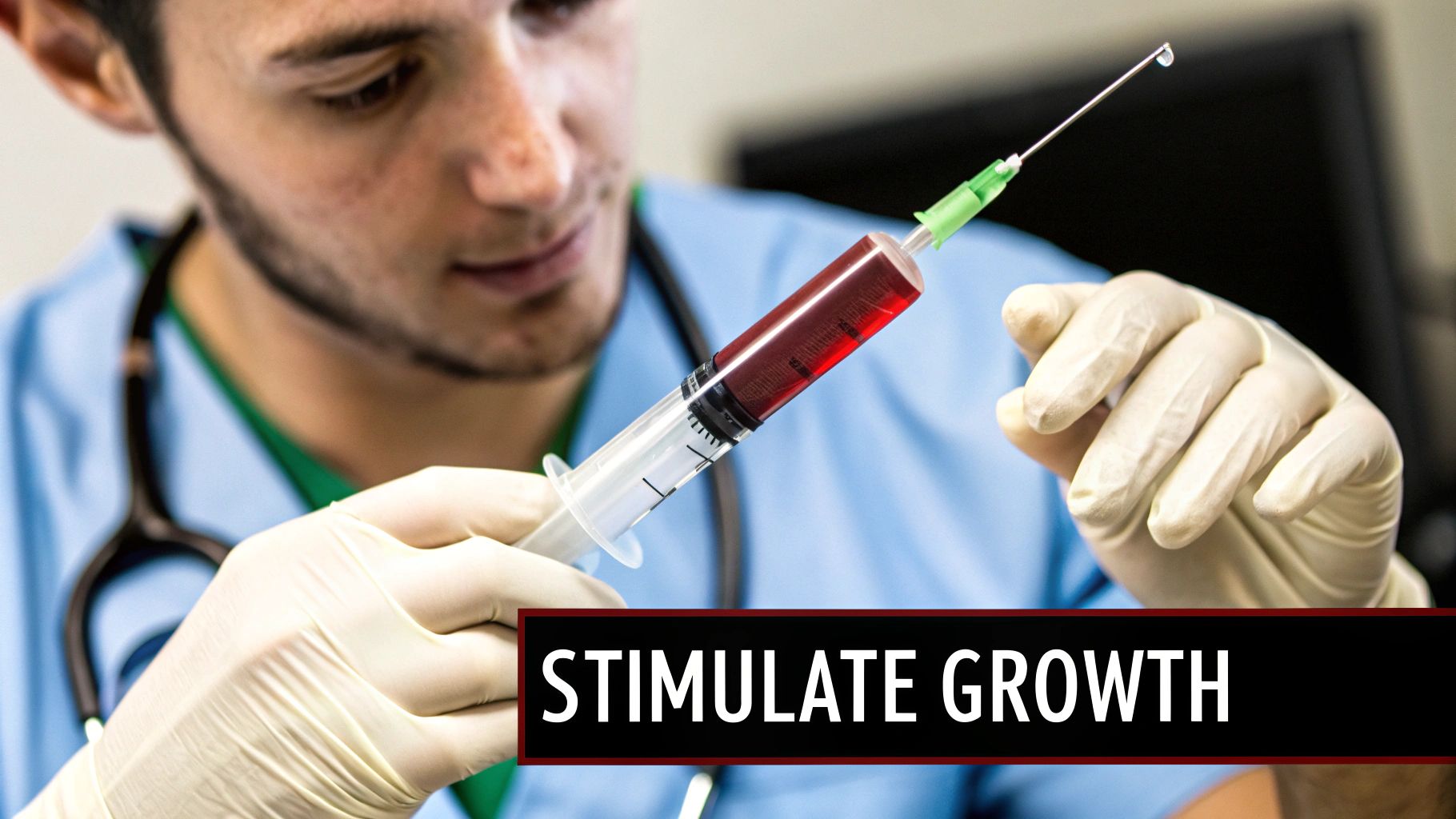 A technician holds up a test tube of separated blood, showing the platelet-rich plasma layer.