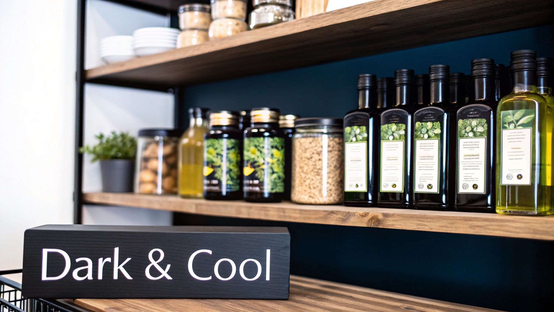 A collection of different olive oil storage containers, including dark glass, stainless steel, and ceramic.