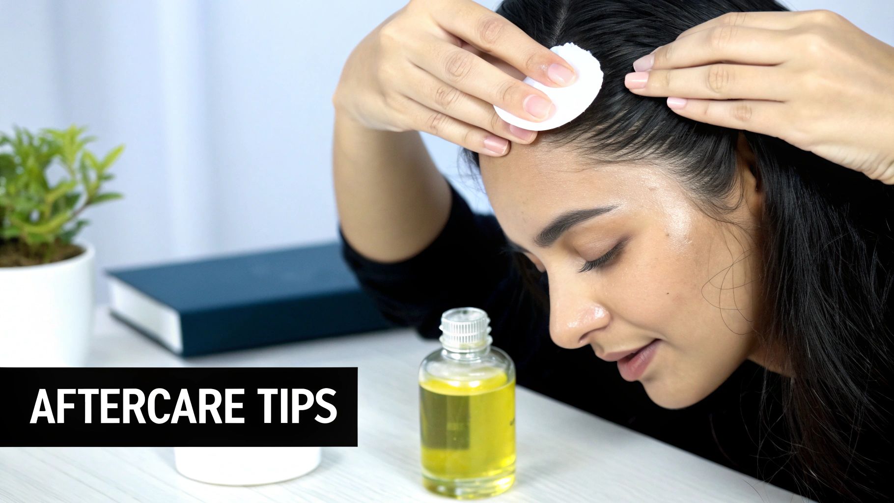 A woman applies yellow liquid to her scalp with a cotton pad, demonstrating hair aftercare tips.