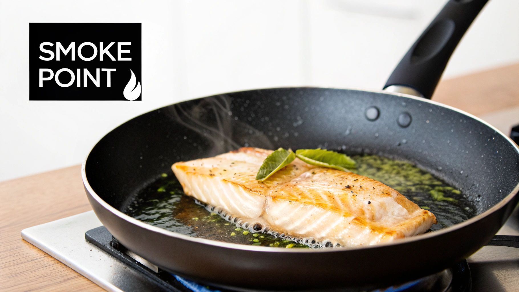A salmon fillet cooks and steams in a black frying pan with oil and green herbs on a gas stove, featuring a 'SMOKE POINT' logo.