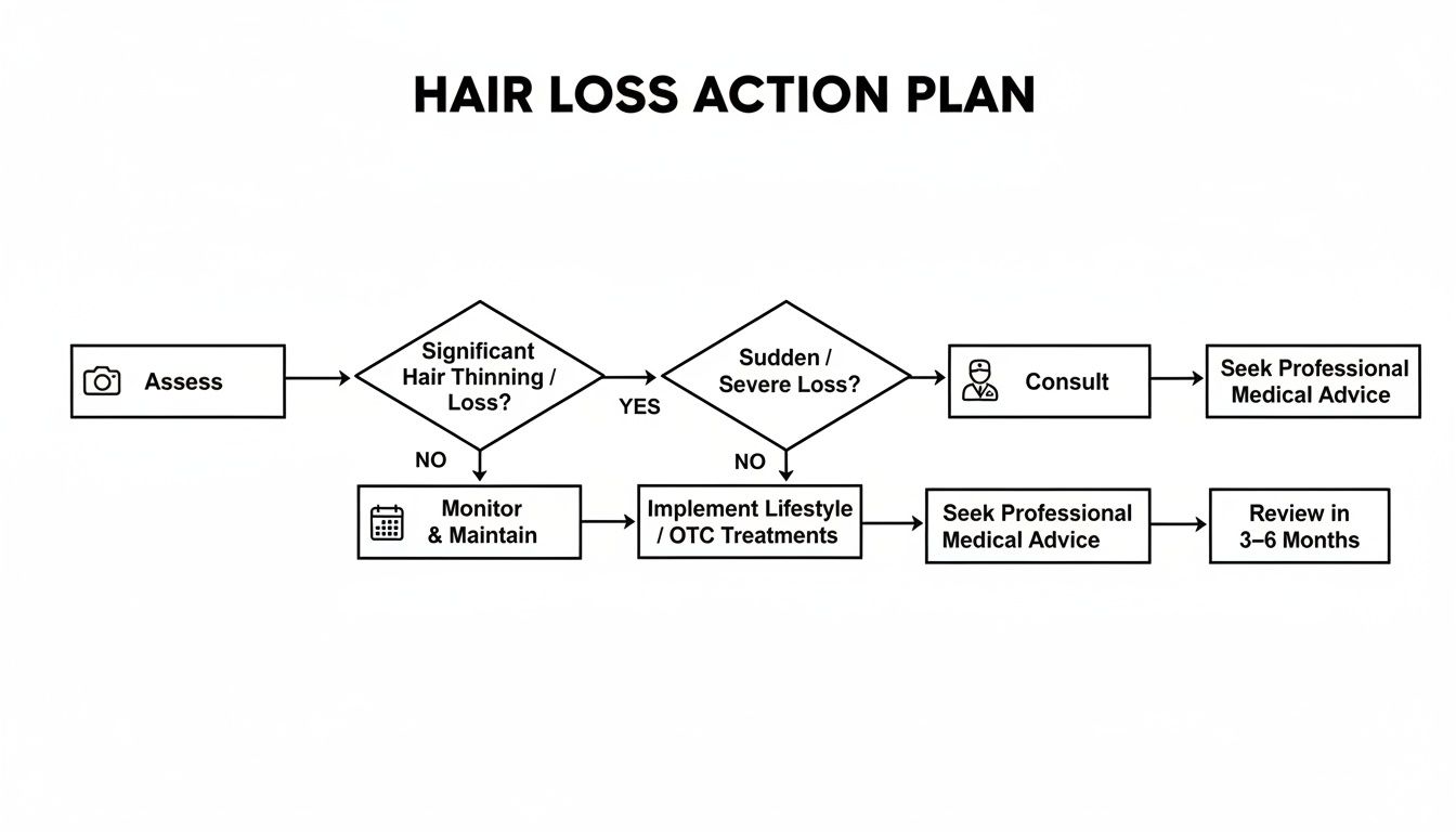 Flowchart detailing a hair loss action plan, guiding from assessment to professional advice or monitoring.