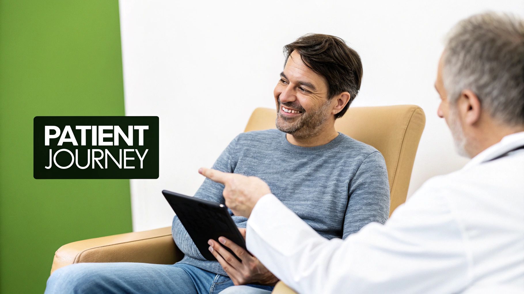 A doctor shows a tablet to a smiling patient during a consultation, discussing their patient journey.