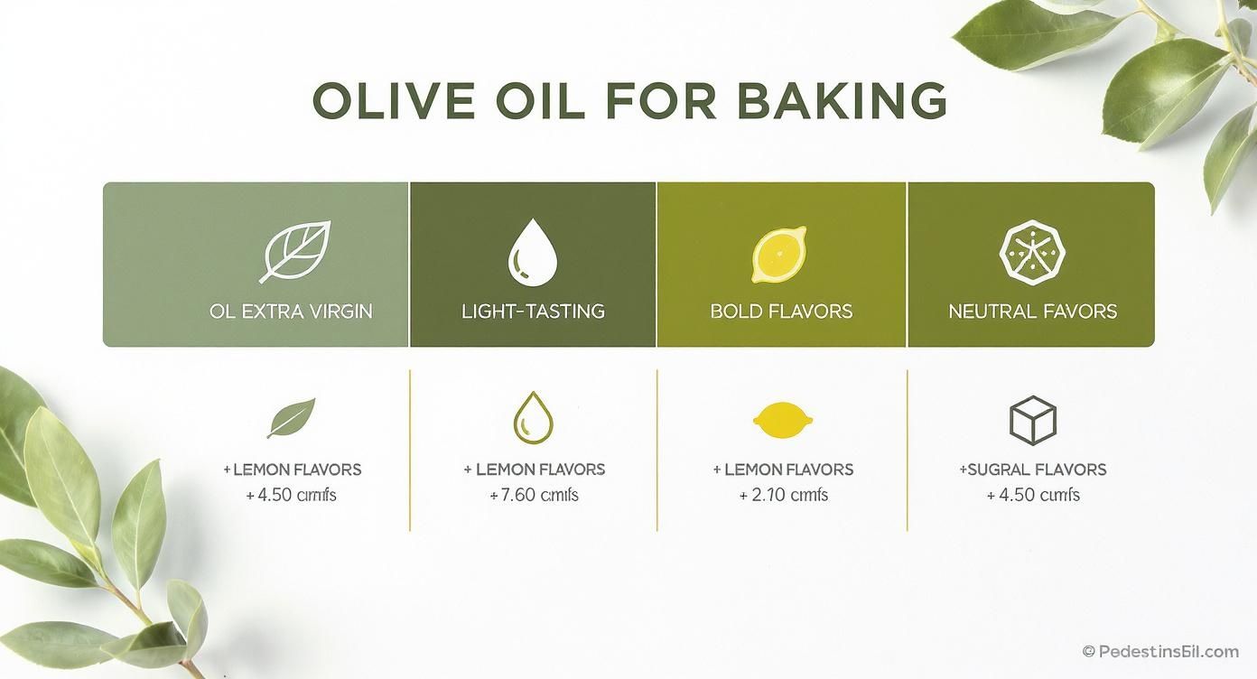 An infographic comparing Extra Virgin Olive Oil for bold flavors and Light-Tasting Olive Oil for neutral flavors in baking.