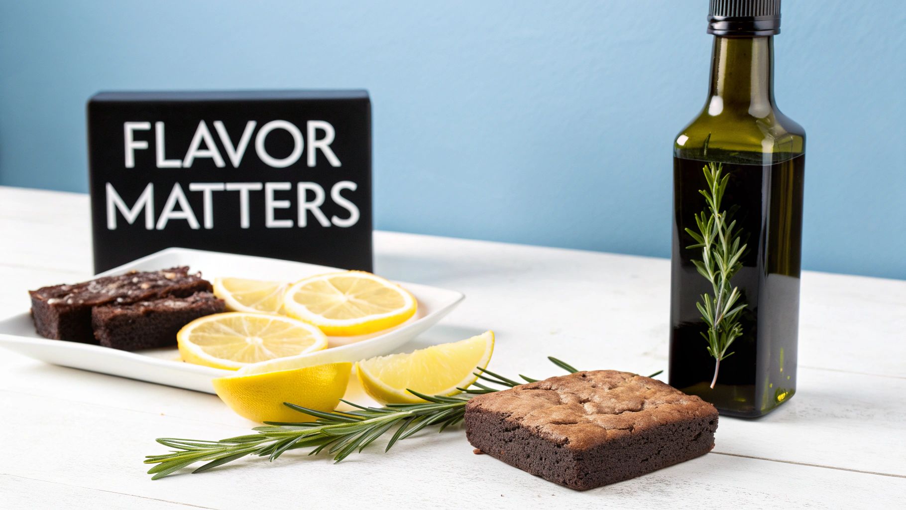 Brownies, lemon slices, and rosemary-infused oil on a white table with a 'FLAVOR MATTERS' sign.