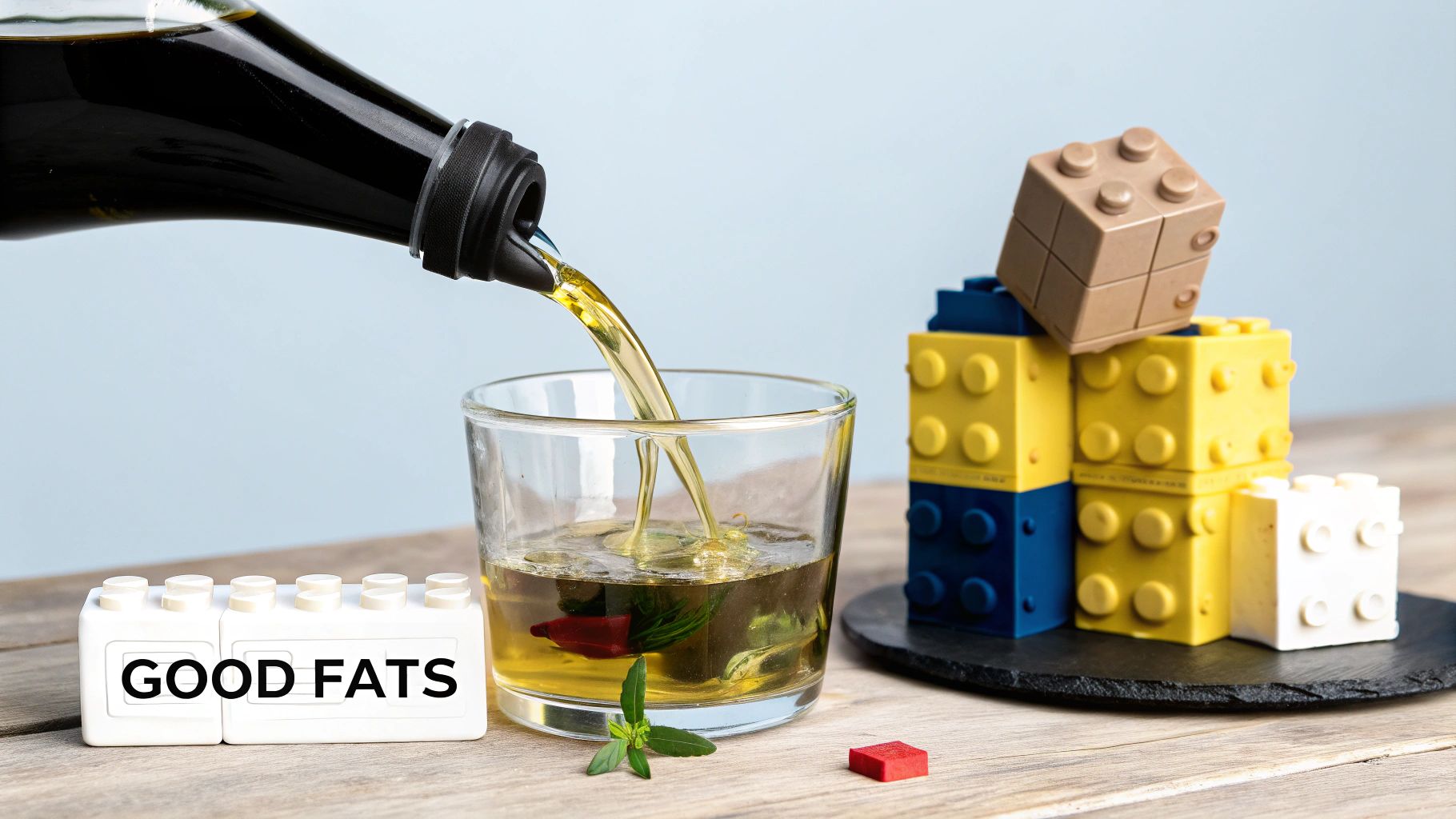 A bottle of extra virgin olive oil next to green olives on a wooden surface