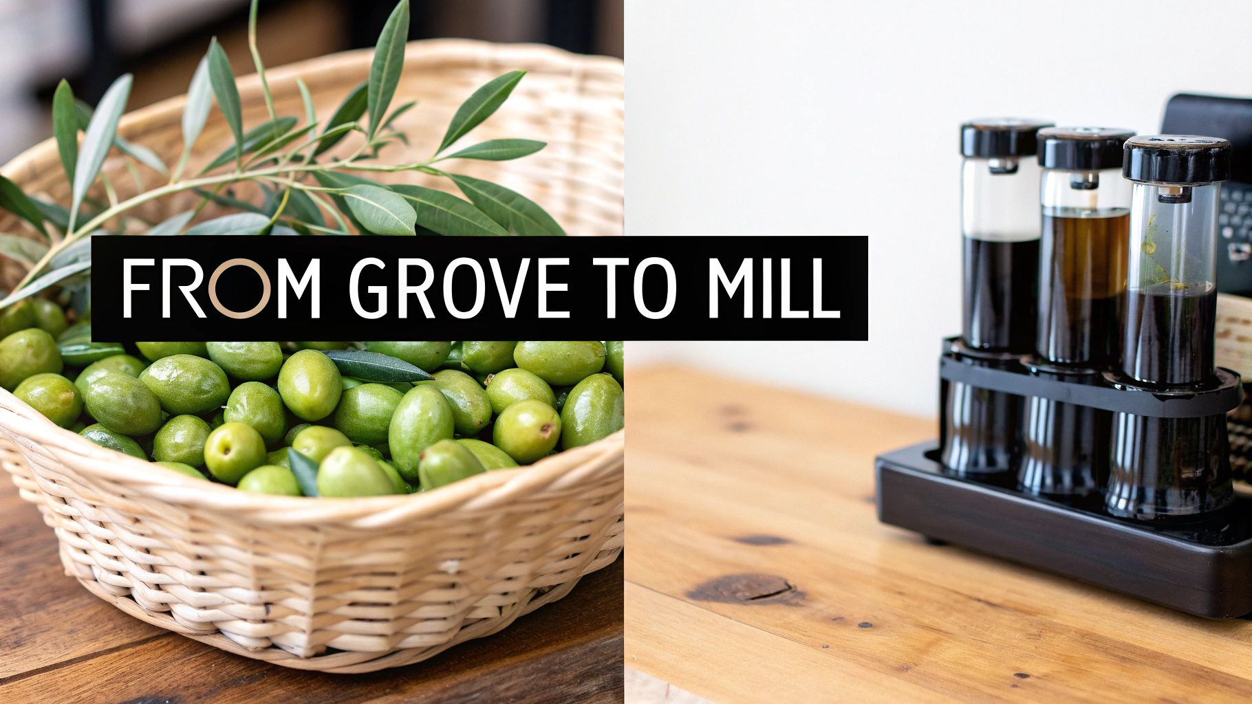 A split image showing fresh green olives in a basket and bottled olive oils, with 'FROM GROVE TO MILL' text.