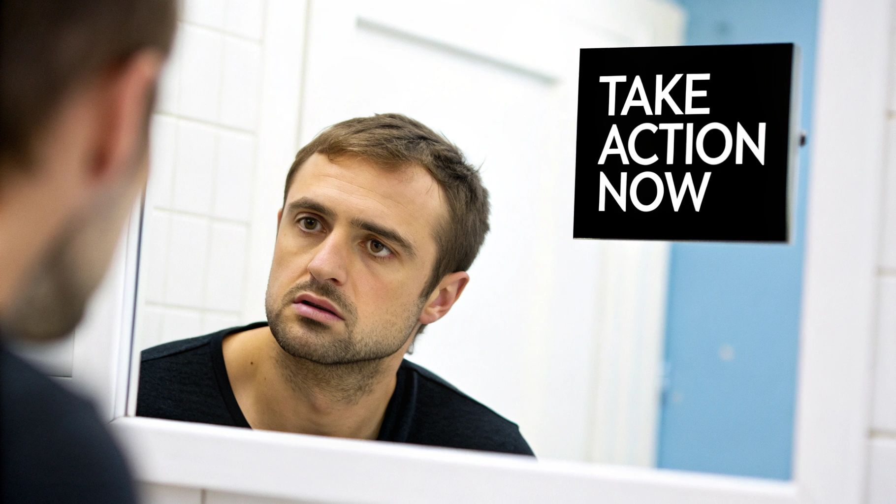 A man looks at his reflection in a mirror with a concerned expression and a "TAKE ACTION NOW" sign.