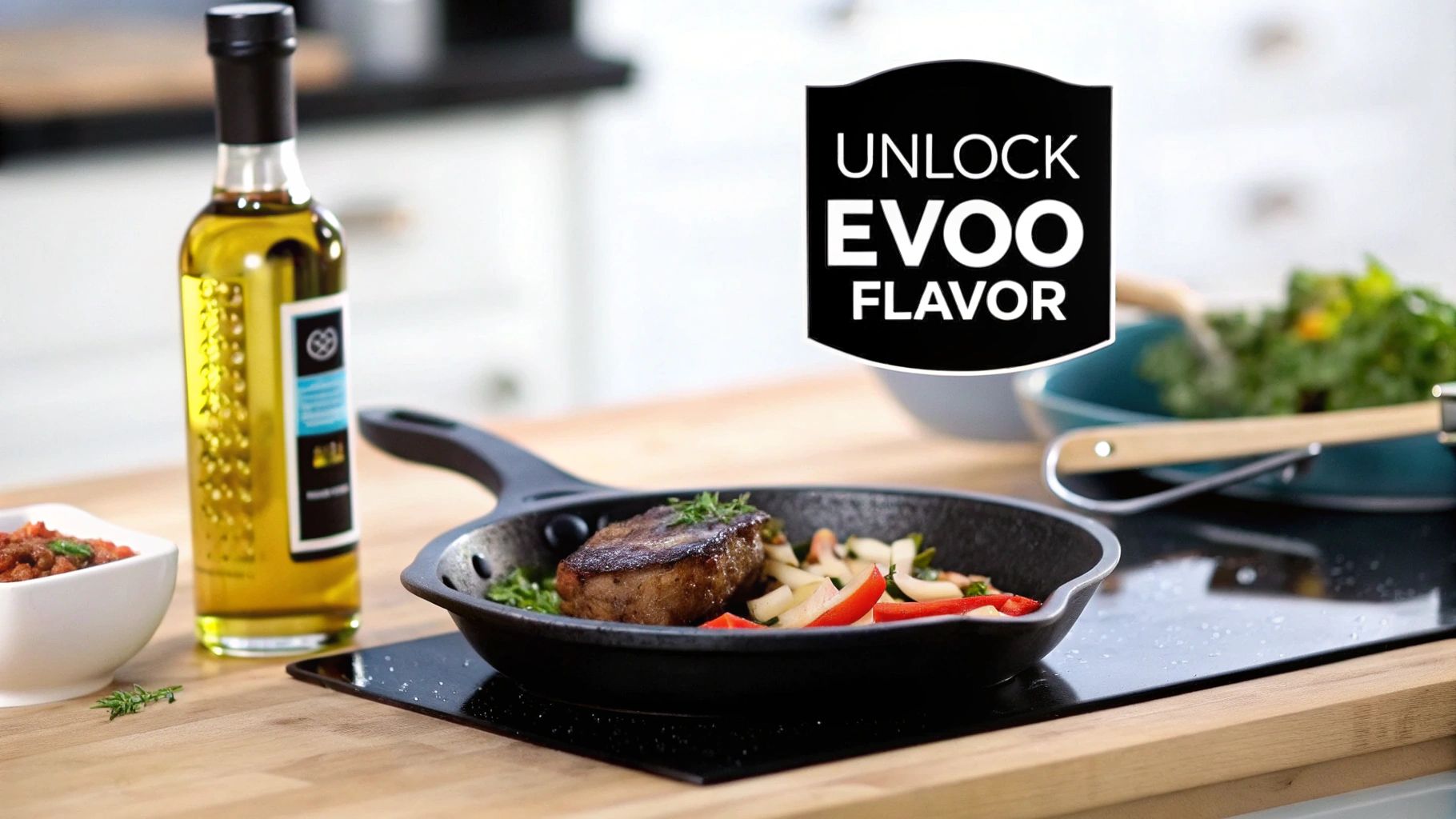 A steak and vegetables in a cast iron pan next to an olive oil bottle and 'Unlock EVOO Flavor' text.