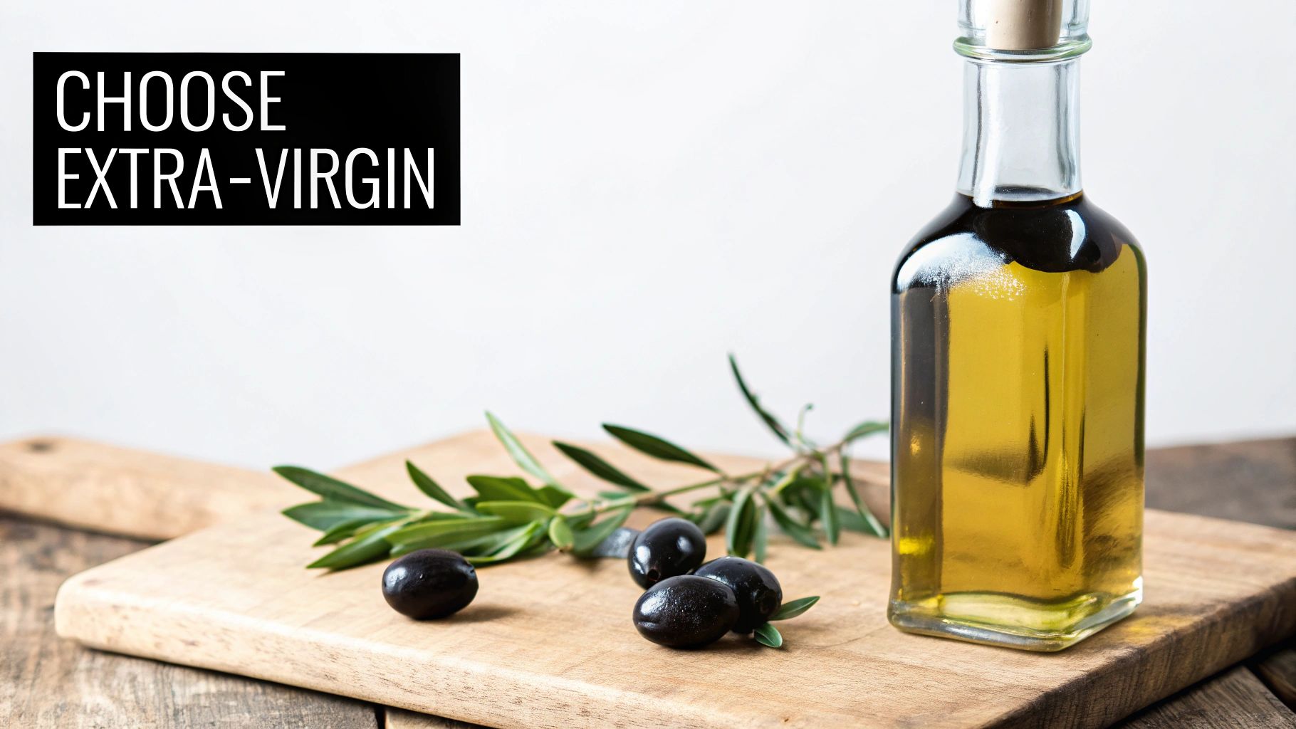 Extra virgin olive oil bottle with fresh black olives and green leaves on wooden cutting board