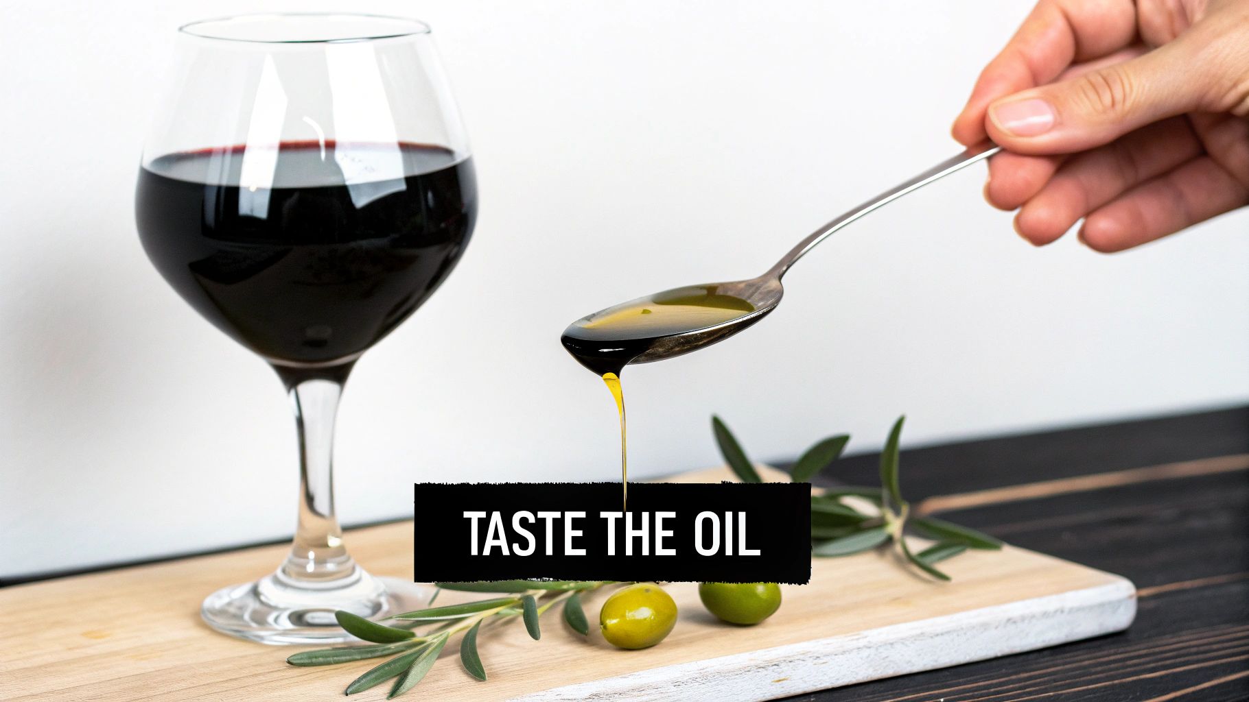 Olive oil drips from a spoon, next to a glass of red wine, olives, and rosemary.