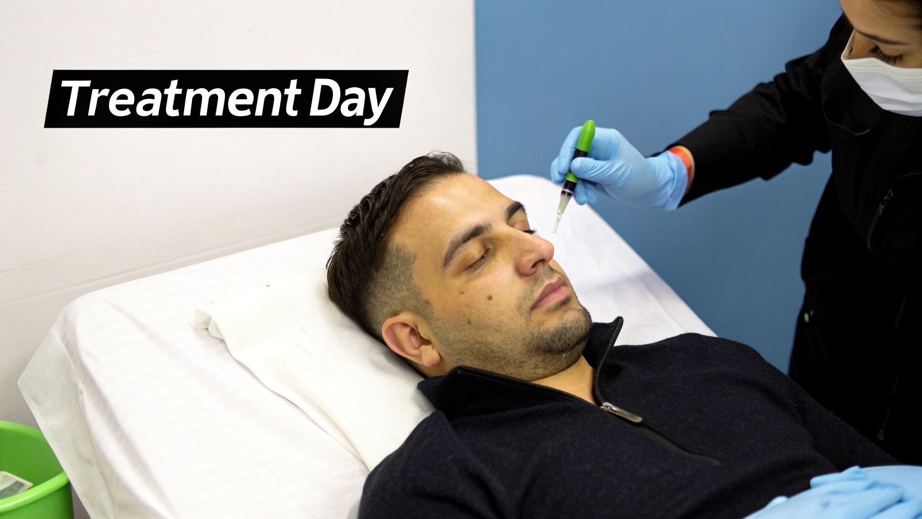 A man receives a facial treatment with a pen-like device from a masked technician on 'Treatment Day'.