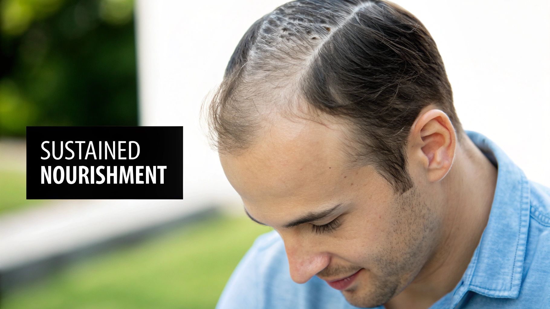 Side profile of a man with male pattern baldness, showing thinning hair, with text.