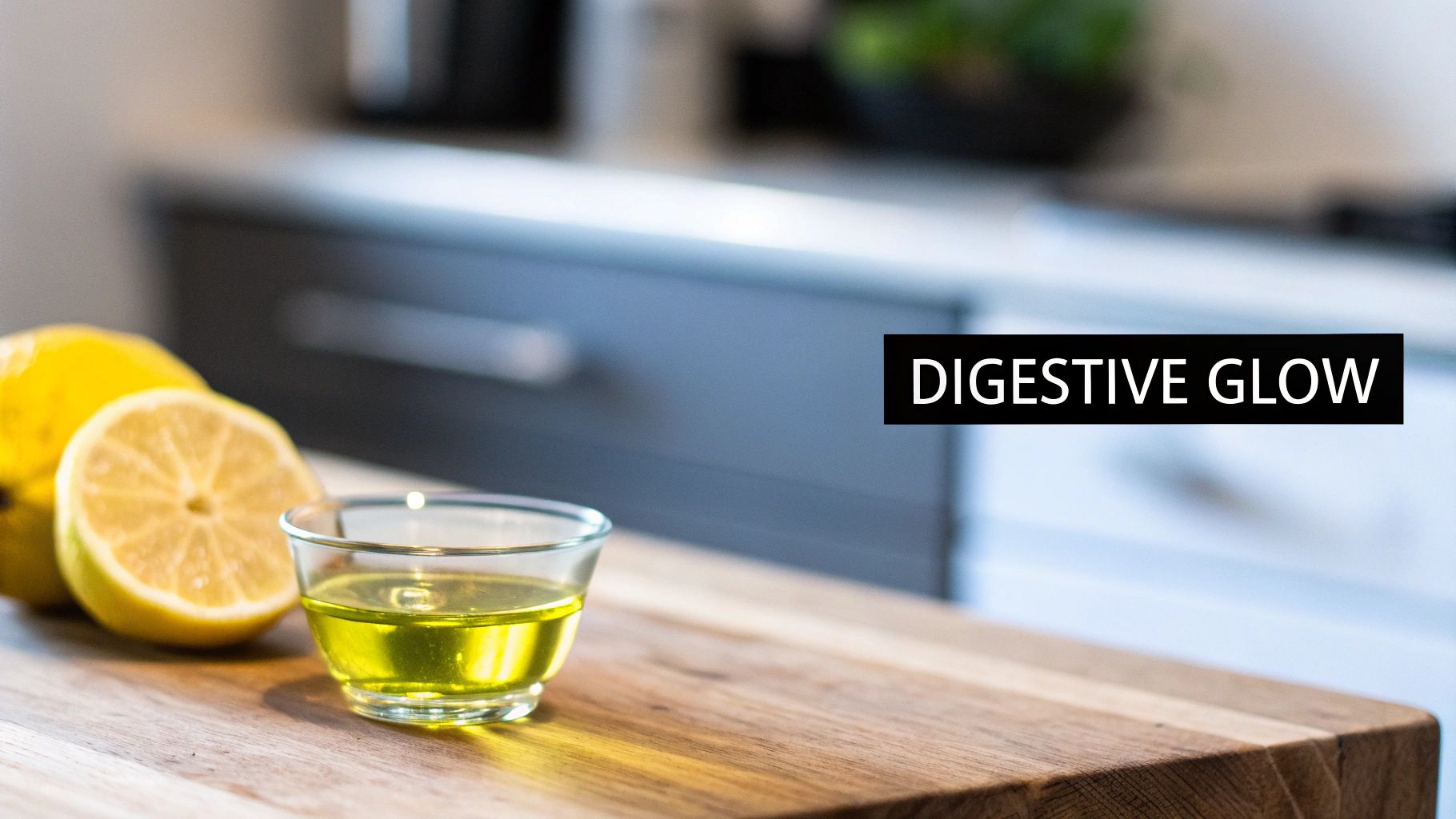 Fresh lemons and olive oil in a glass bowl on a wooden cutting board in a kitchen.