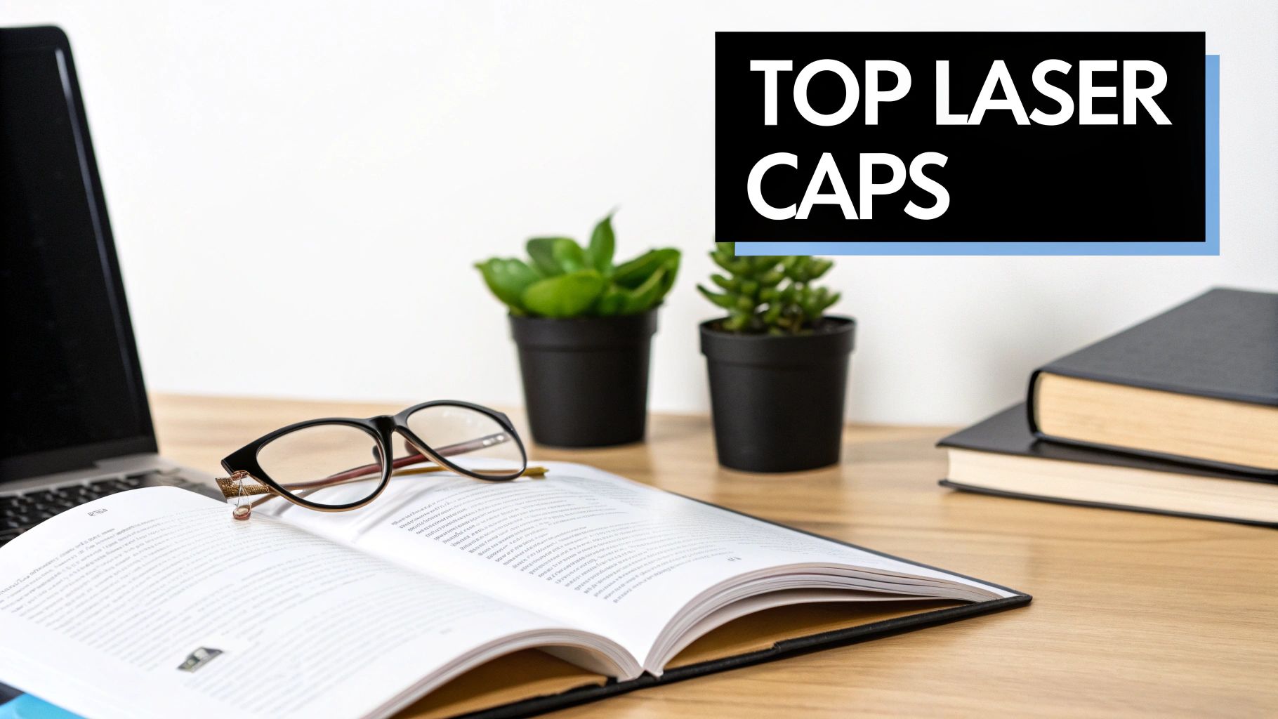A desk with an open book, reading glasses, a laptop, plants, and text 'TOP LASER CAPS'.