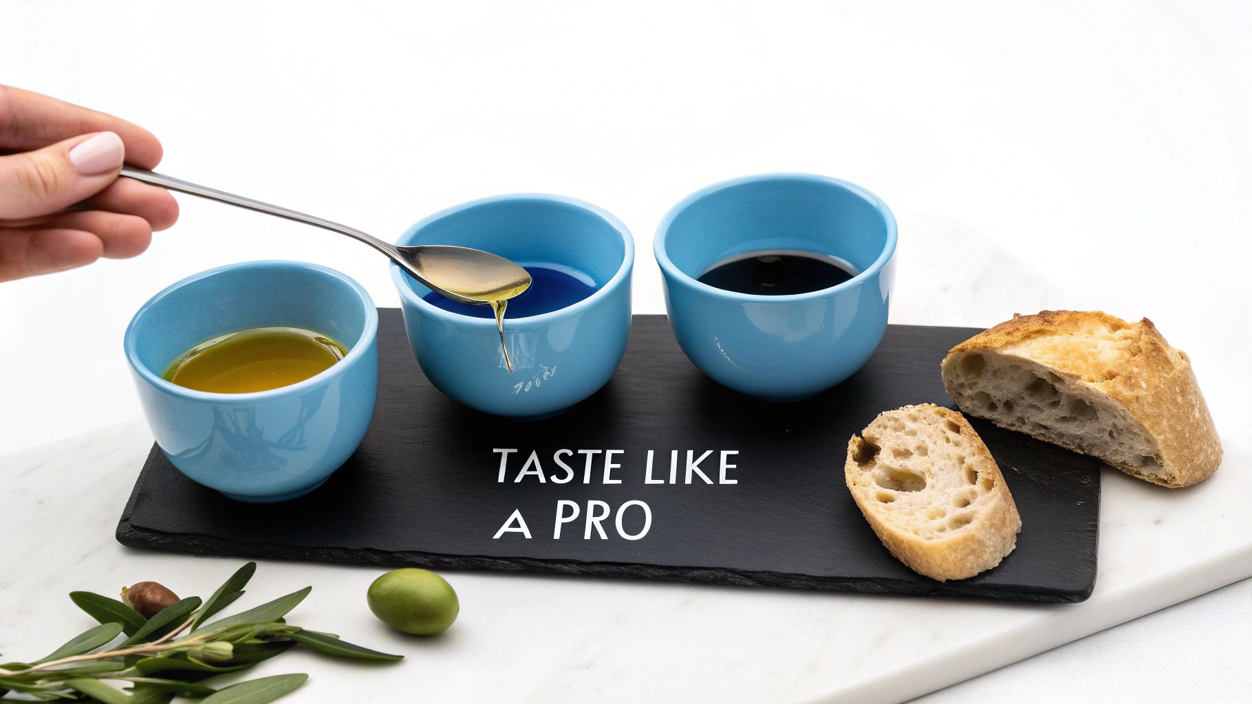 A hand drips golden olive oil from a spoon into a blue tasting bowl on a slate board with bread and olives.