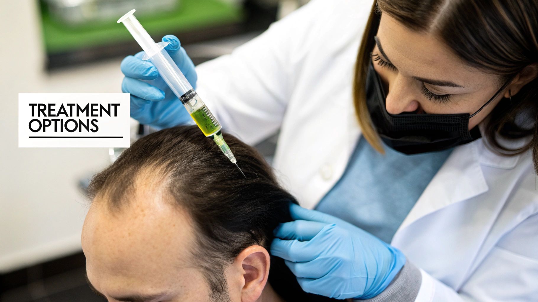 A sterile medical setup showing vials and a syringe, representing treatments like PRP or injections for hair loss.