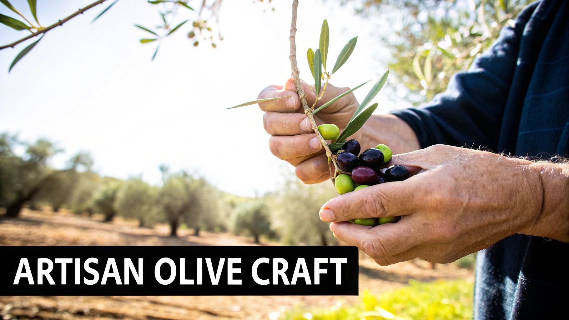Close-up of hands picking fresh green and black olives from a branch in a sunny olive grove.
