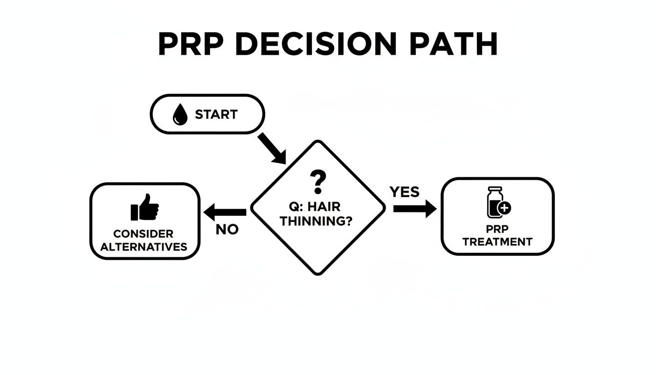 Decision path flowchart for PRP treatment, based on whether hair thinning is present.