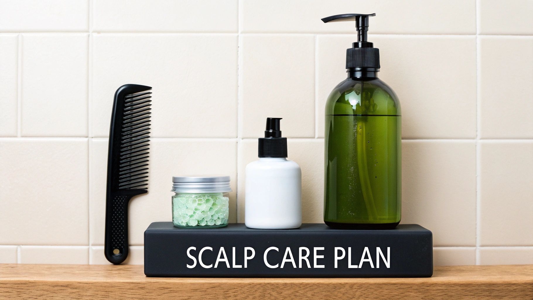A scalp care plan featuring a comb, scrub, lotion, and shampoo on a wooden shelf against a tiled background.
