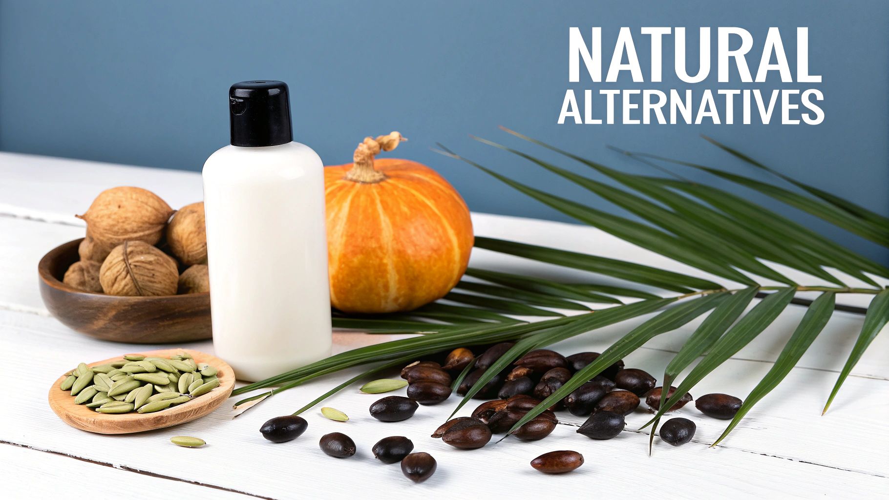 A bottle of natural product surrounded by pumpkin, walnuts, and various seeds, highlighting natural alternatives.