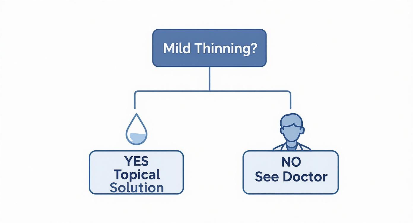 Decision flowchart showing mild hair thinning treatment options with topical solutions or doctor consultation