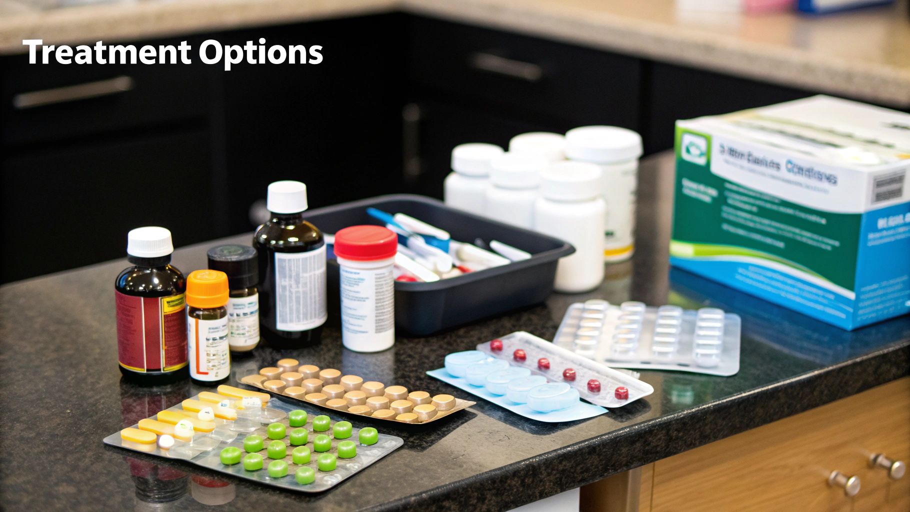 A close-up of hair loss treatment products and tools