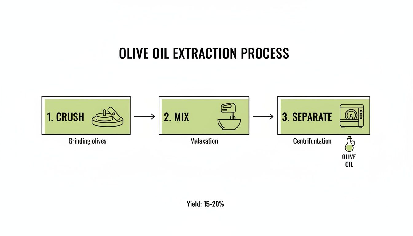 Diagram illustrating the three-step olive oil extraction process: crushing, mixing, and separation.