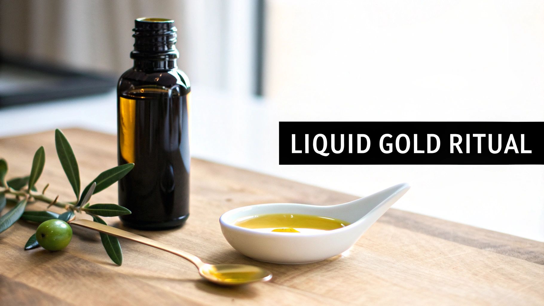 A dark bottle of olive oil, olive branch, spoons with oil, and "LIQUID GOLD RITUAL" text on a wooden board.