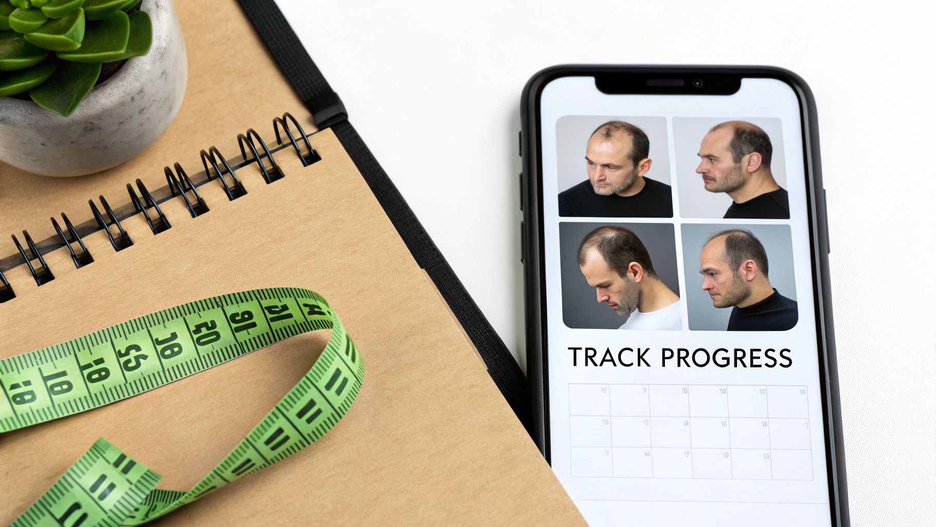 A man taking a photo of his hairline in the mirror to track his regrowth progress.