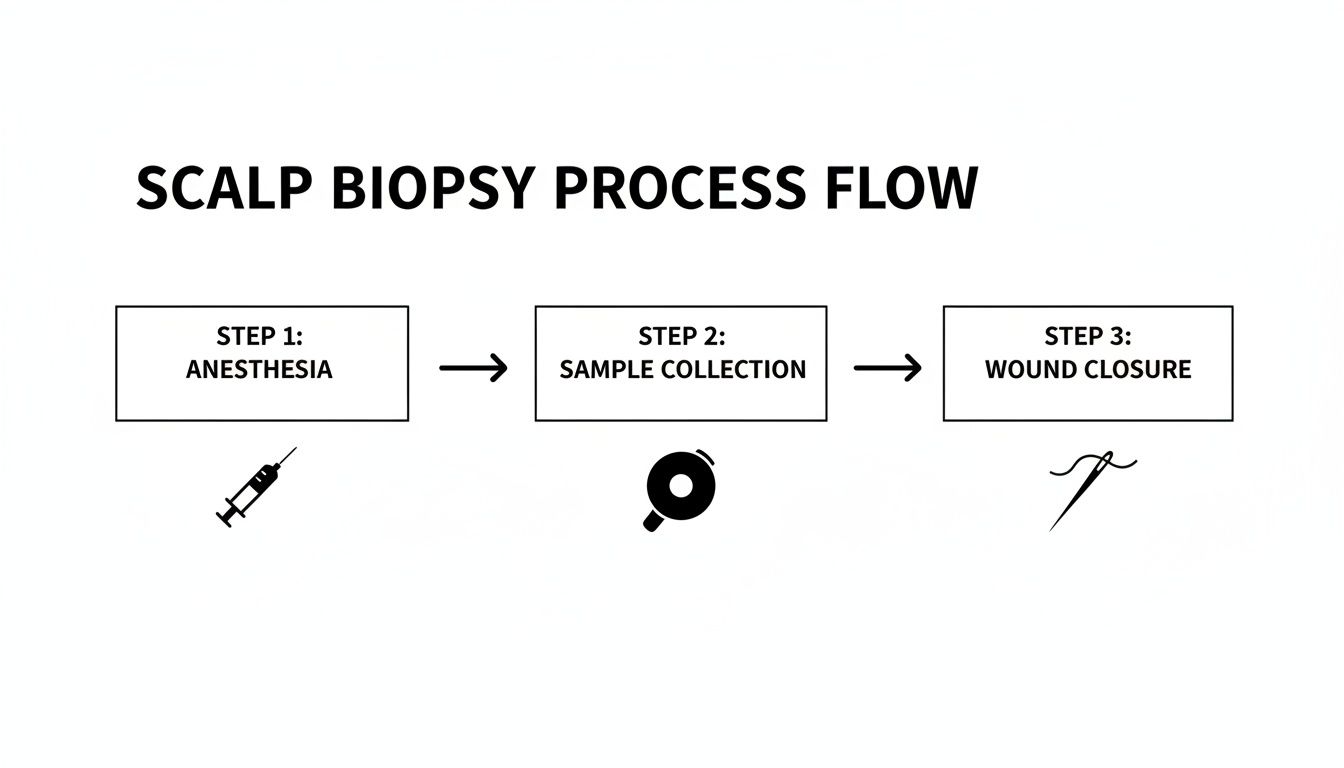 Flowchart illustrating the three steps of a scalp biopsy process: anesthesia, sample collection, and wound closure.