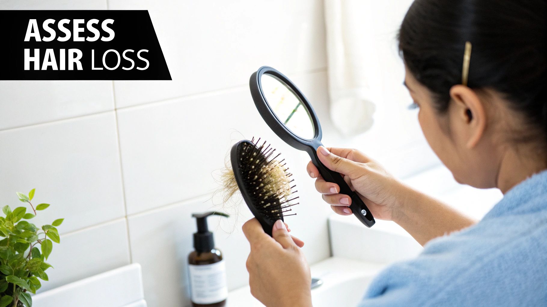 A person holds a hairbrush full of lost hair and a mirror, assessing hair loss.