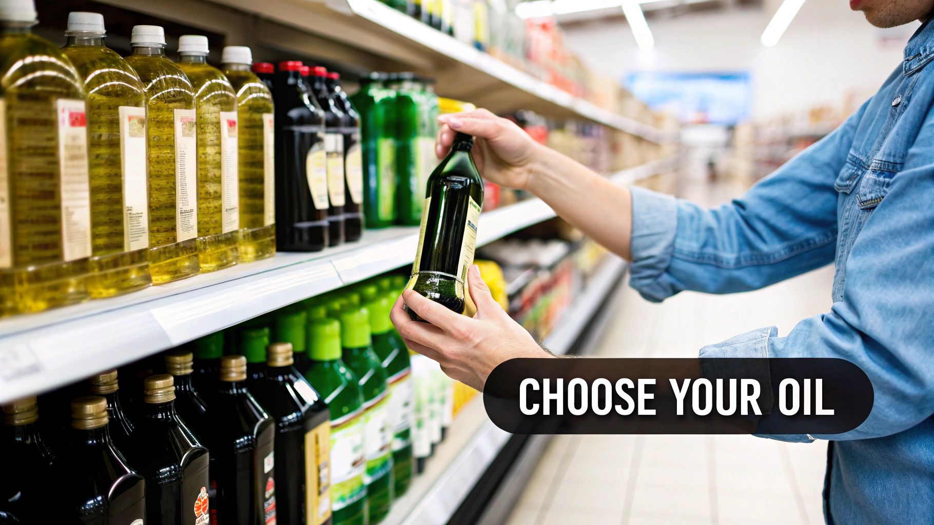 Two bottles, one of olive oil and one of soybean oil, on a kitchen counter.