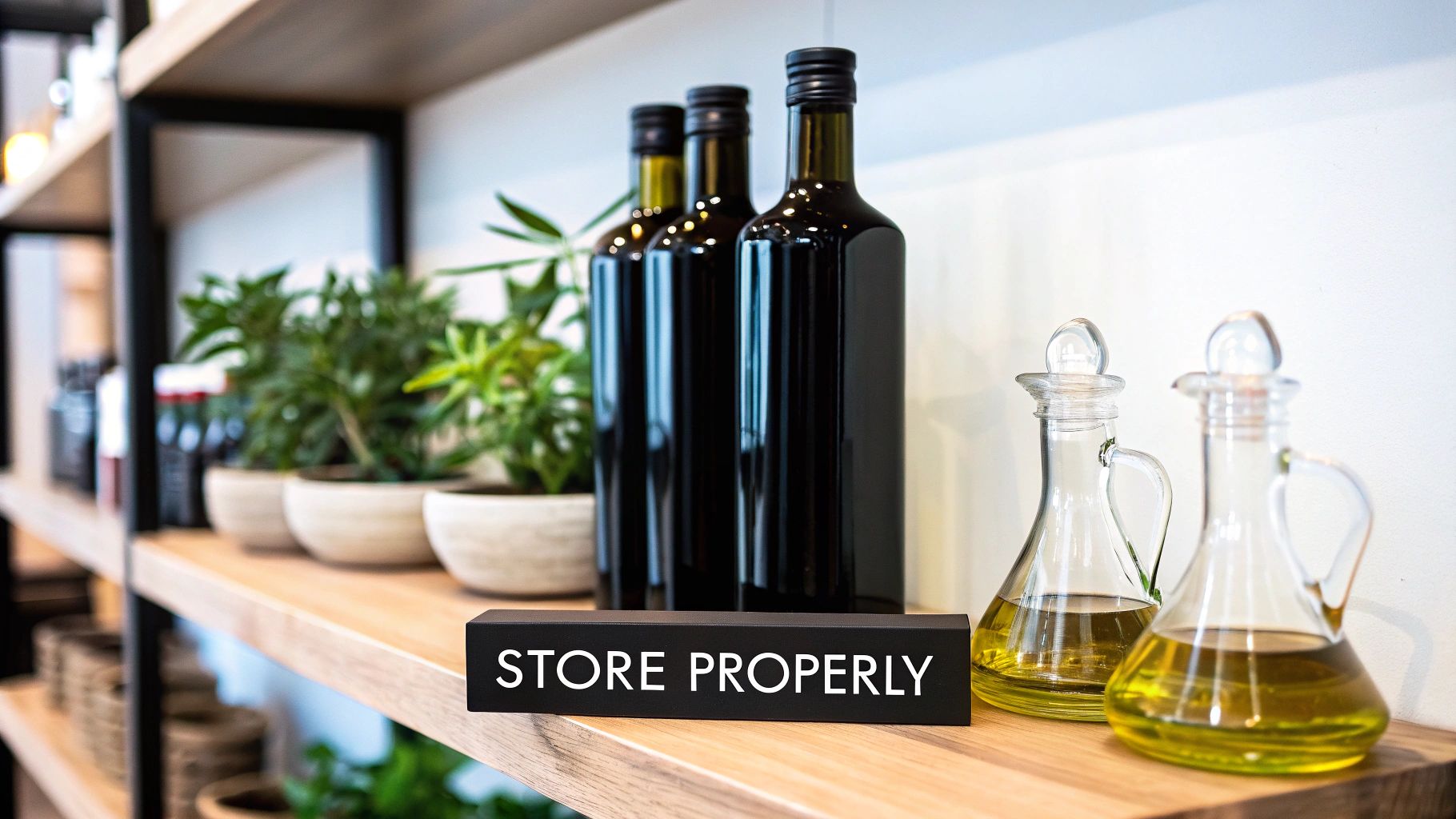 A dark glass bottle of olive oil next to fresh olives, emphasizing proper storage.