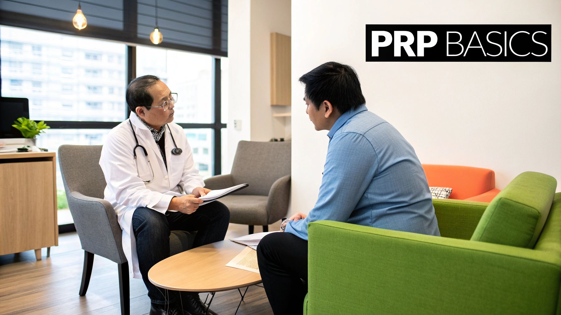 A diagram showing the process of PRP for hair, from blood draw to injection into the scalp.