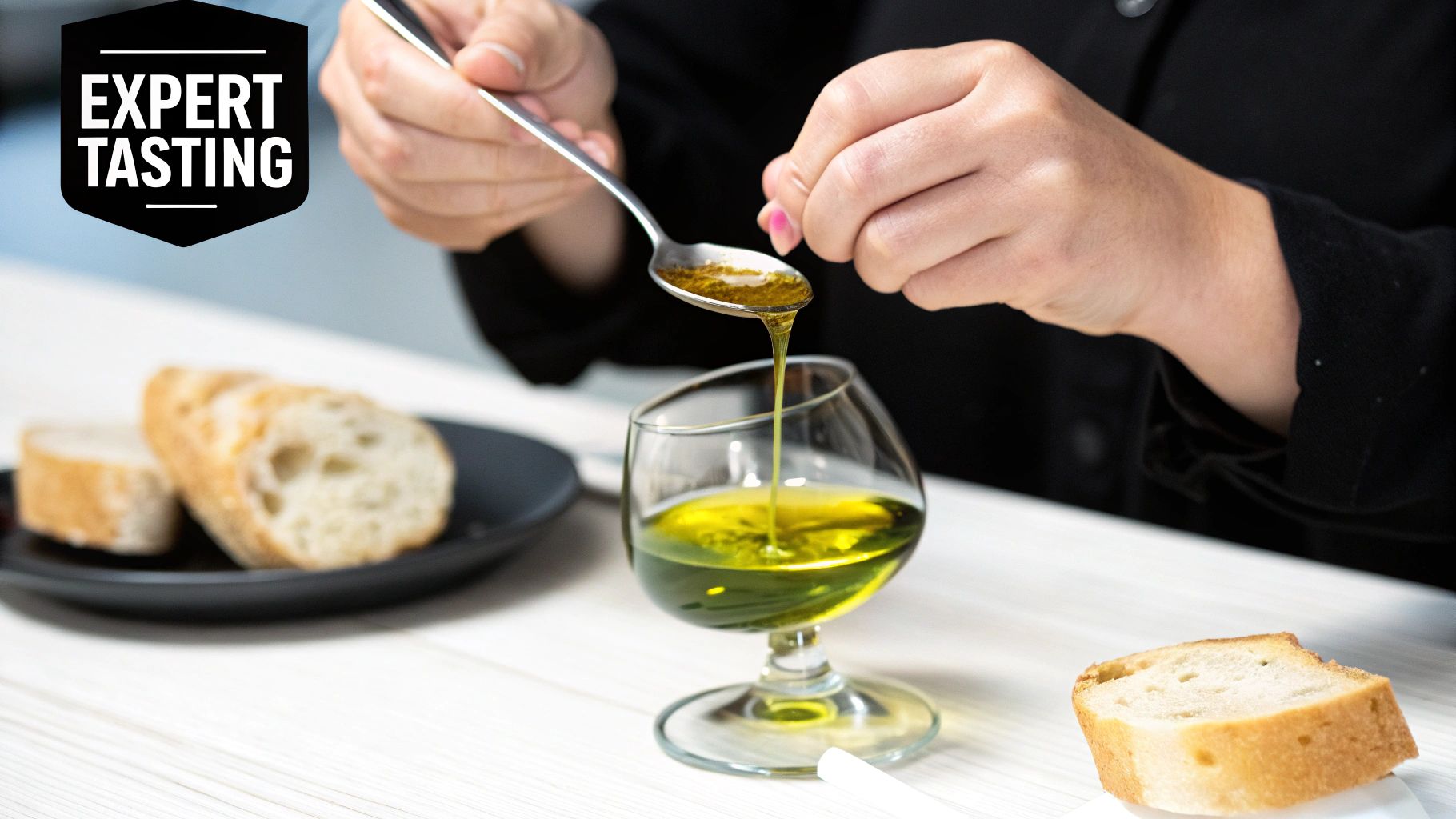 Professional tasting expert pouring golden extra virgin olive oil from spoon into glass with bread