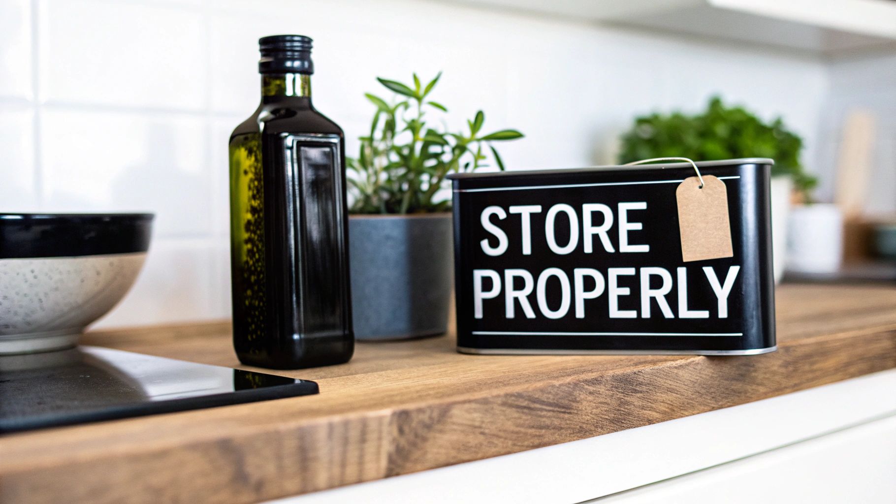 Olive oil bottle, ceramic bowl, potted plant, and 'STORE PROPERLY' tin on a wooden kitchen counter.