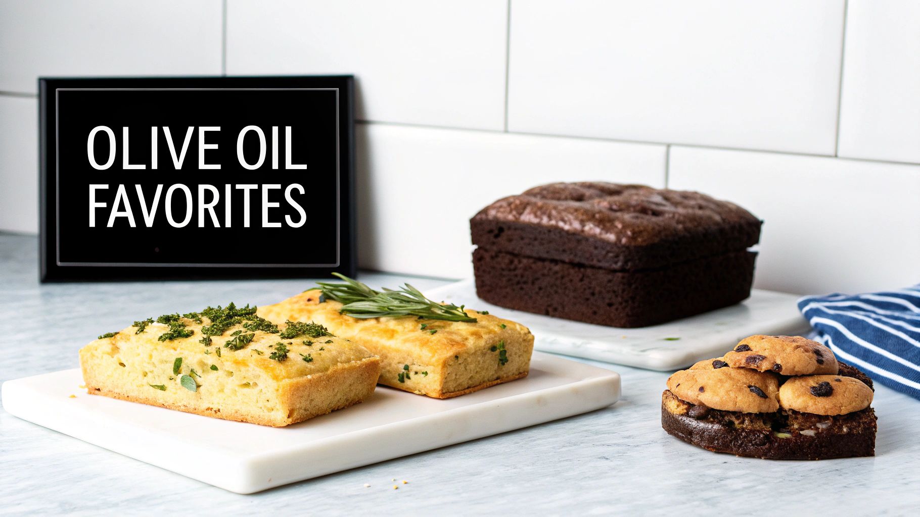 A close-up of a rustic, golden-brown herb focaccia bread drizzled with olive oil, sitting on a wooden board.