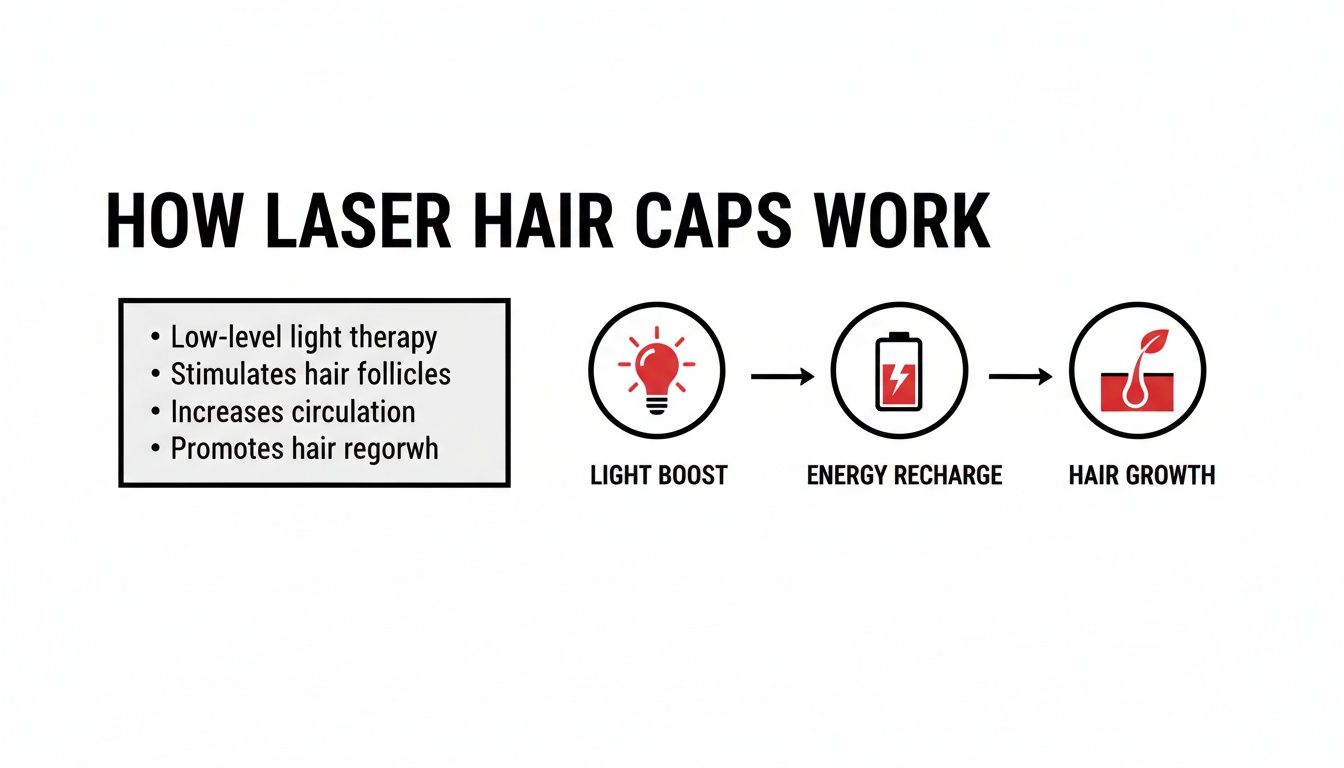 Diagram explaining how laser hair caps work: light therapy stimulates follicles for energy and hair growth.