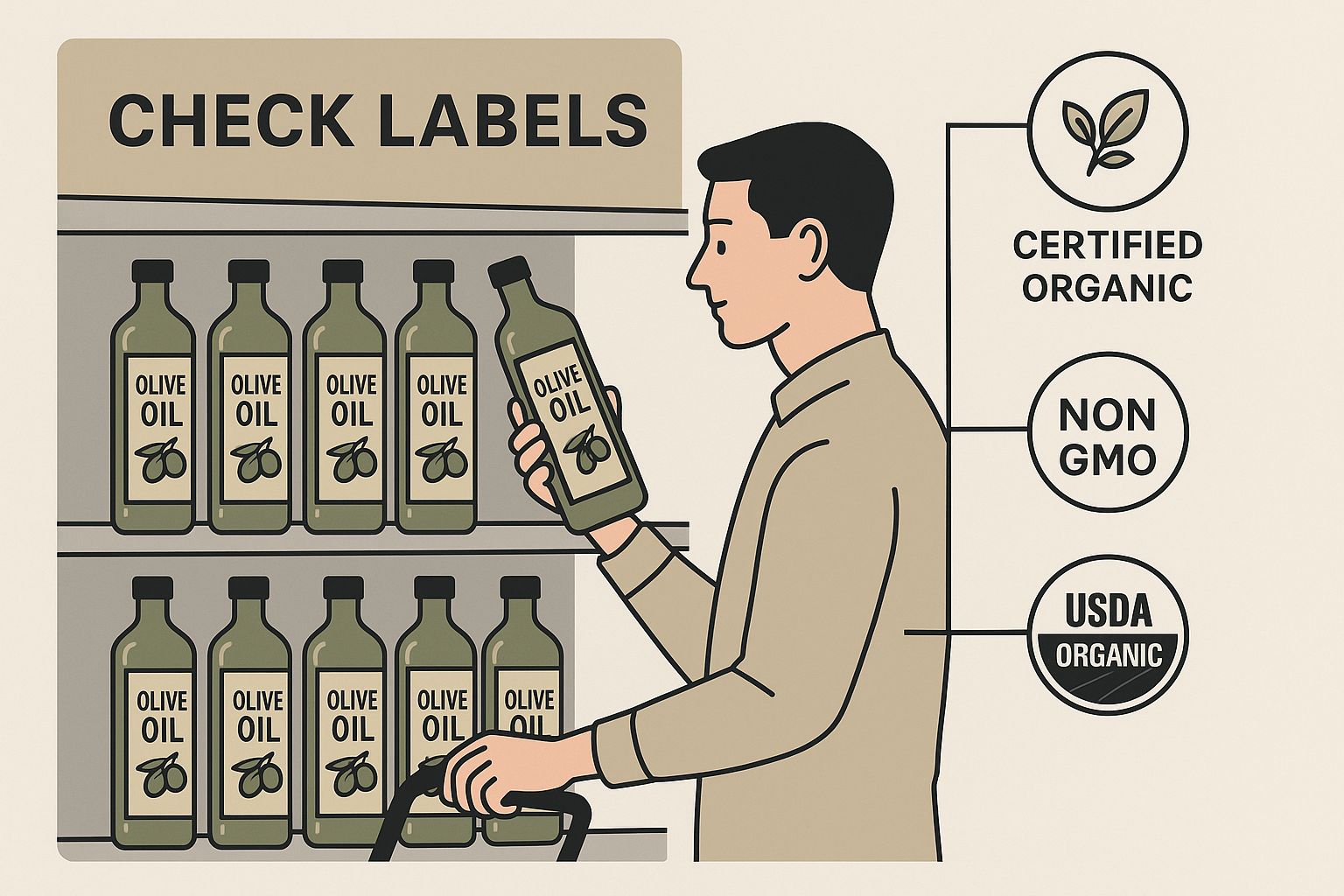 Infographic showing a shopper checking olive oil labels with a hierarchy of seals indicating trust levels.