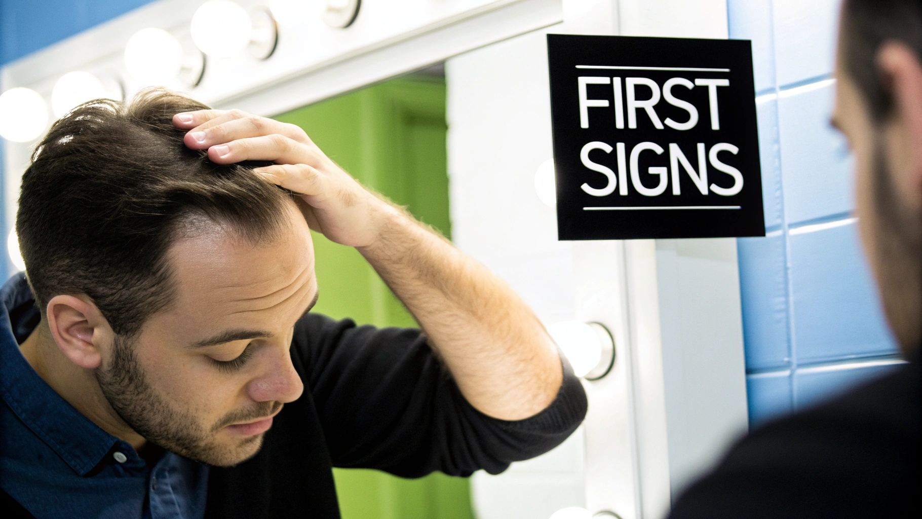 Man looking at his thinning hair in the mirror