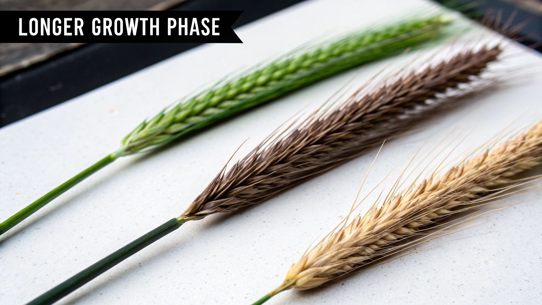 Three grain stalks in varying colors, green, dark brown, and golden, depicting different growth phases.