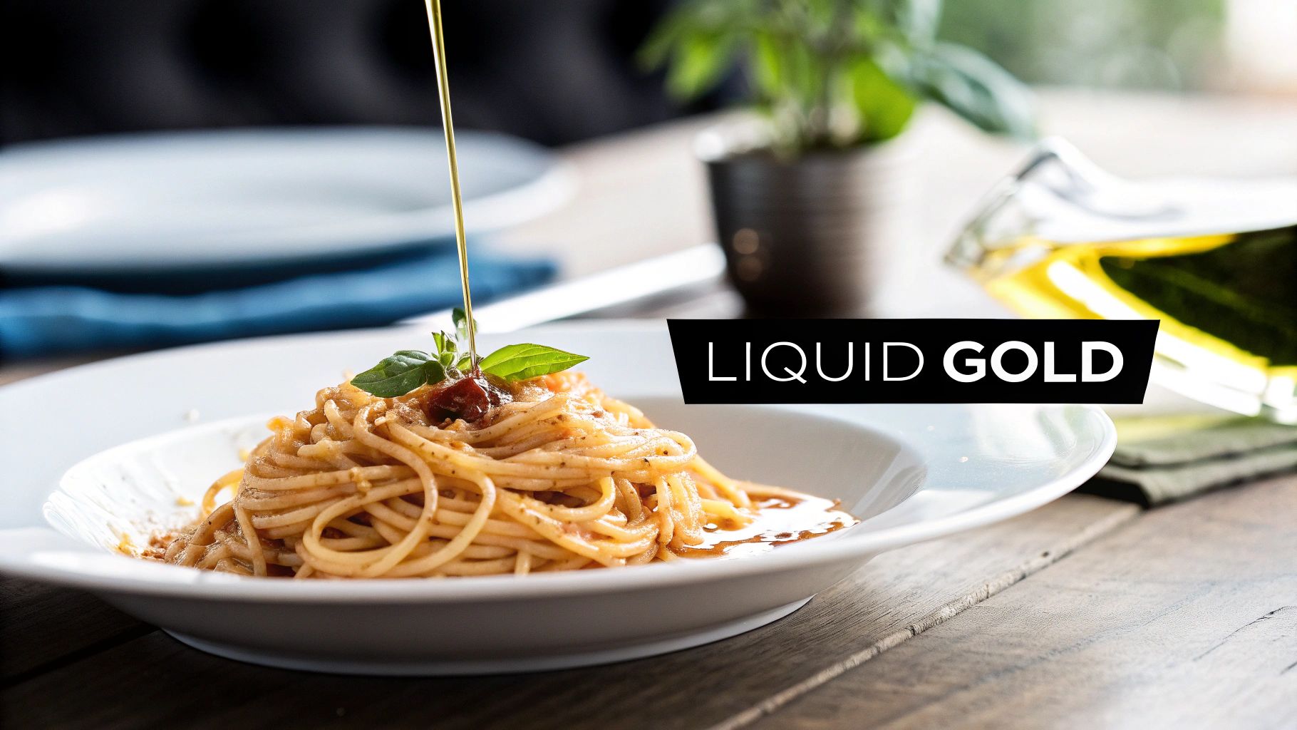 Close-up of olive oil being drizzled over a fresh plate of spaghetti with tomatoes and basil.