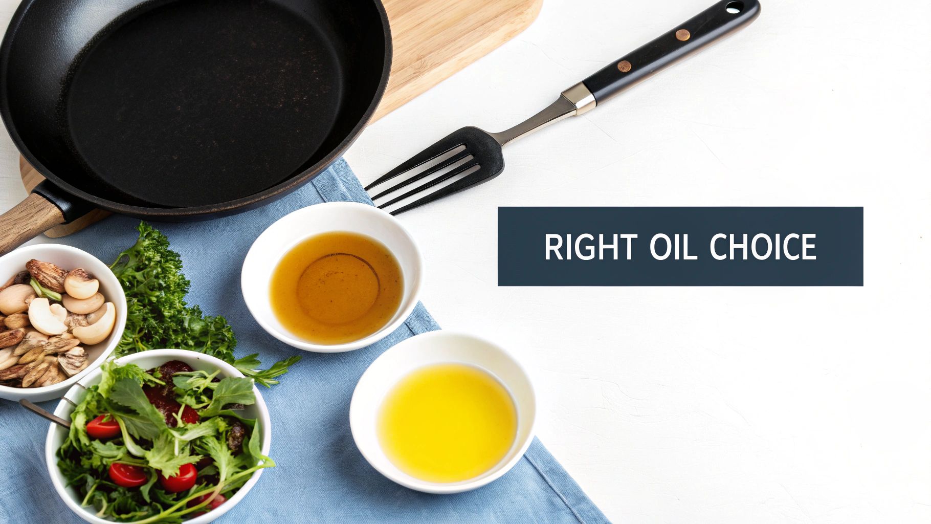 Various cooking oils in bowls, a frying pan, spatula, and fresh ingredients on a kitchen counter.