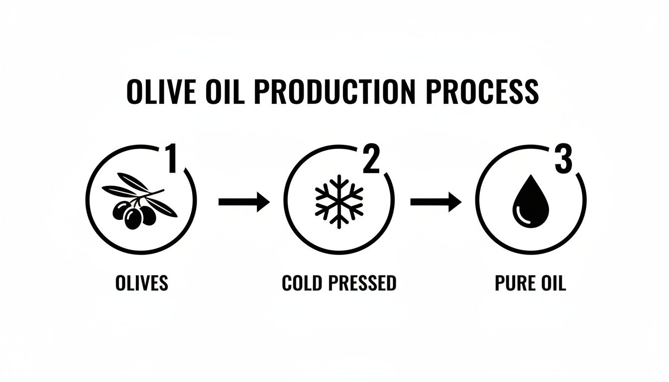 A diagram illustrating the three-step olive oil production process: olives, cold pressed, and pure oil.